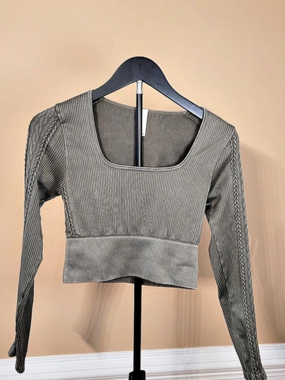 Offline by Aerie Square Neck Rib Crop Green Long Sleeve Top S Athleisure
